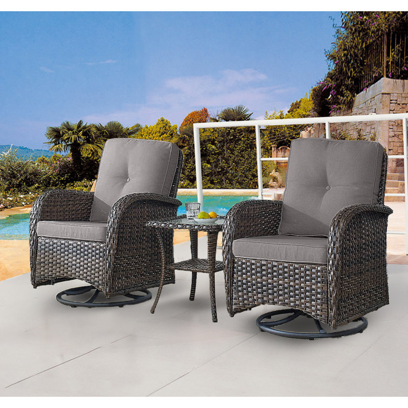 Gaetanino Swivel PE Wicker Rattan Outdoor Rocking Chairs Set with Side Table 2 chairs and 1 side table Black Beige